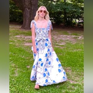 Sue Sartor Annabel Floral Maxi Sundress in blue / white marigold. Maternity too!